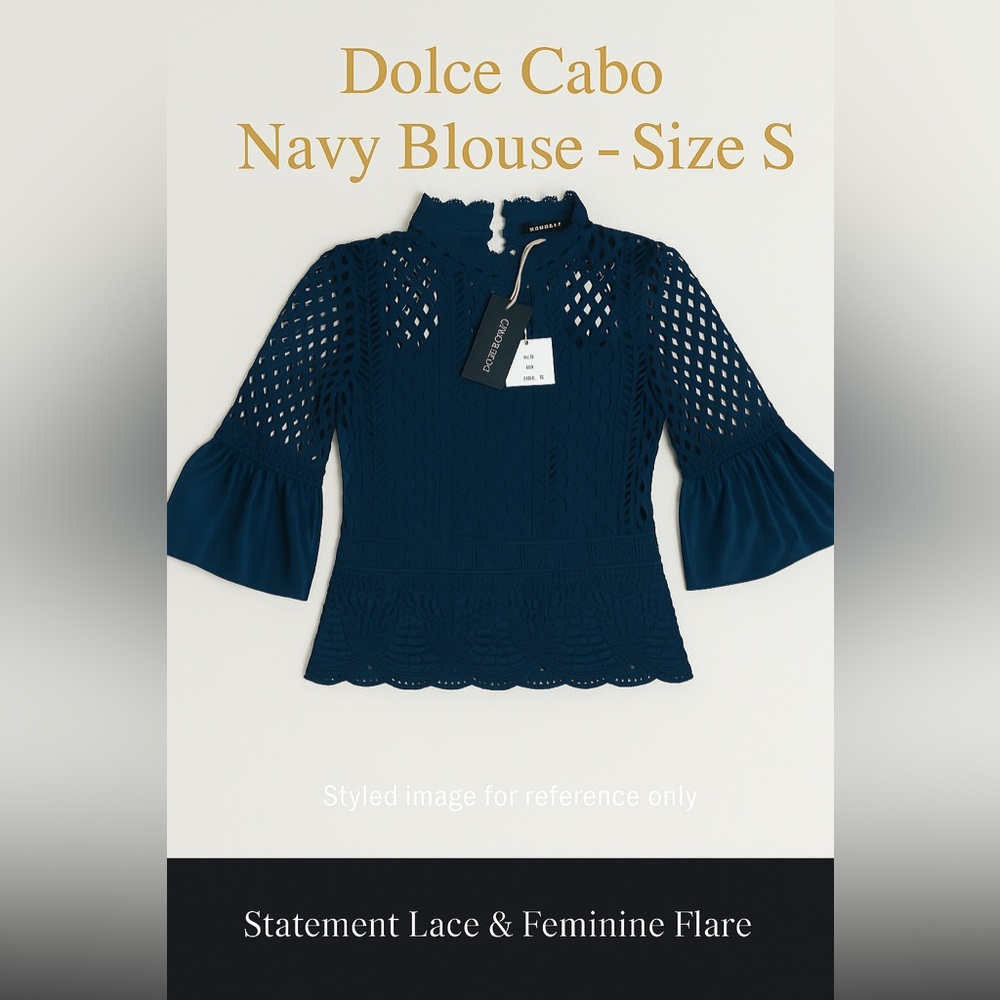 Dolce Cabo Navy Crochet Bell Sleeve Blouse – Size S – NWT ✨